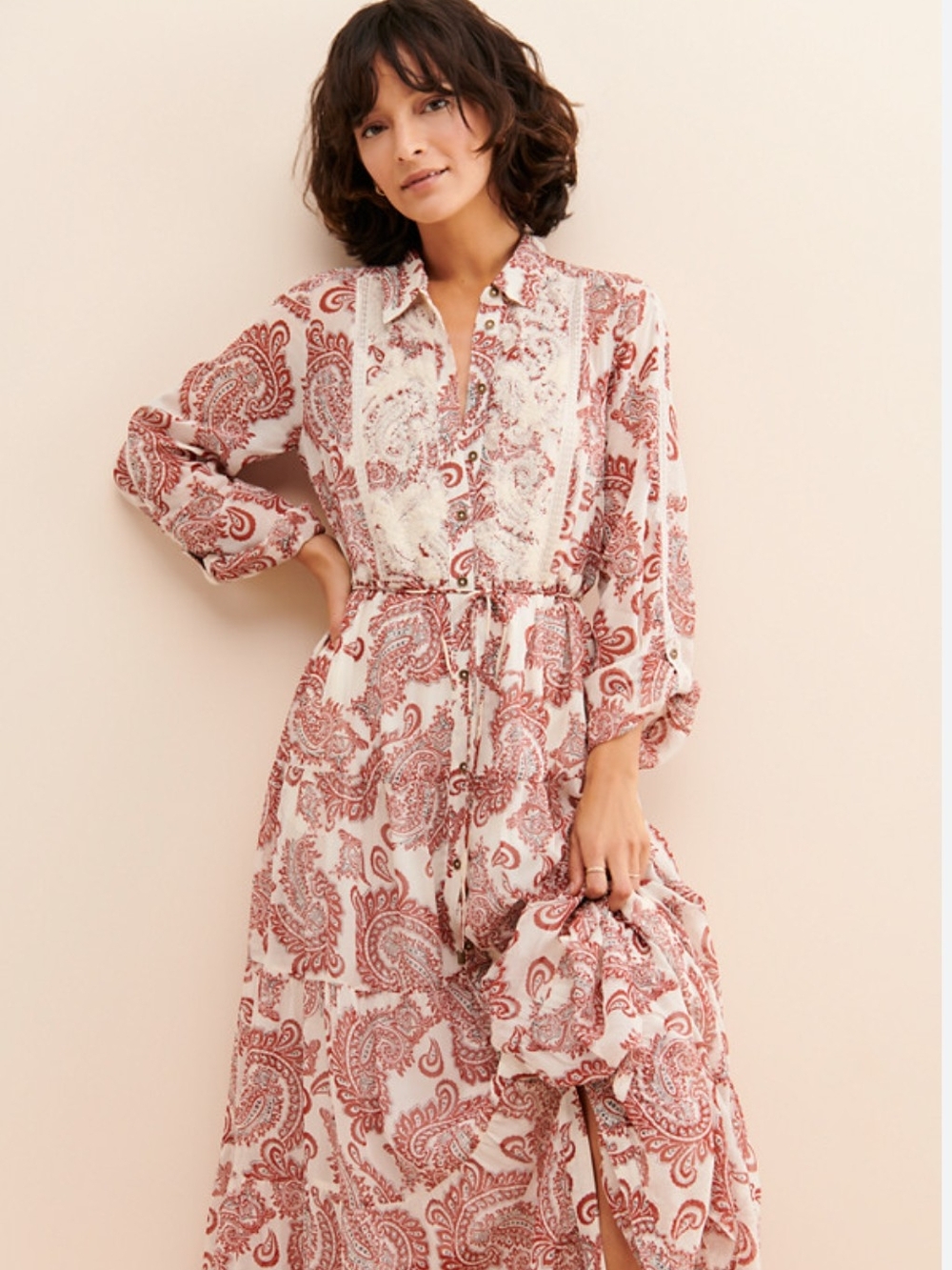 Anthropologie Allaire Maxi Shirtdress in a neutral paisley print.
